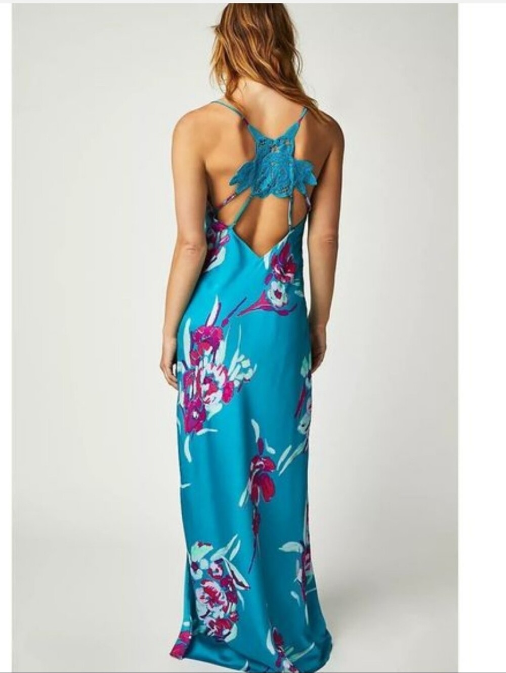 Free People Forever Yours Floral Maxi Dress with Lace Back In River Combo